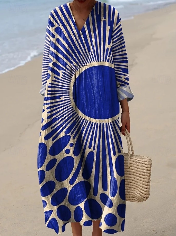 Damskie Sukienka maxi Sukienka letnia Sukienka A line Urlop Codzienny Boho Wyjściowe Plaża Graficzny Geometryczny Naszywka Długi rękaw W serek jesion Czarny Żółty Rumiany róż Lato Wiosna 2025 - $35.99 –P1