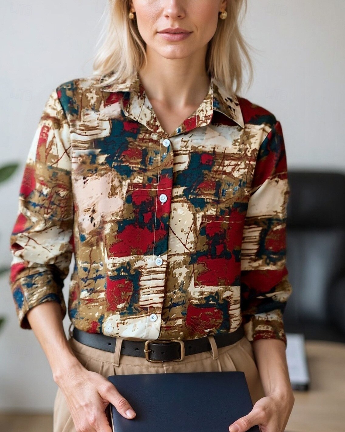 Women's Blouse Dressy Tops Chiffon Tops Graphic Color Block Elegant Daily Stylish Long Sleeve Shirt Collar Regular Tops Work Daily Buttons Print Yellow Wine Green Beige Gray Spring, Fall, Winter 2025 - $24.99 –P5