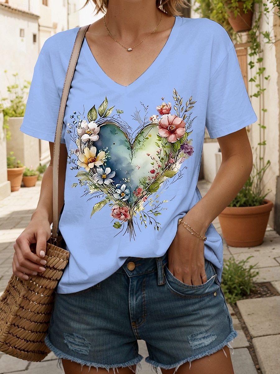 Femmes T-shirt Cœur Fleuri Graphique ancien Mode Hawaïen Manche Courte Col en V Hauts Réguliers Quotidien Sortir Week-end Imprimé Noir Blanche Jaune Rose Claire Bleu Été Printemps de 2025 ? $19.99 –P4