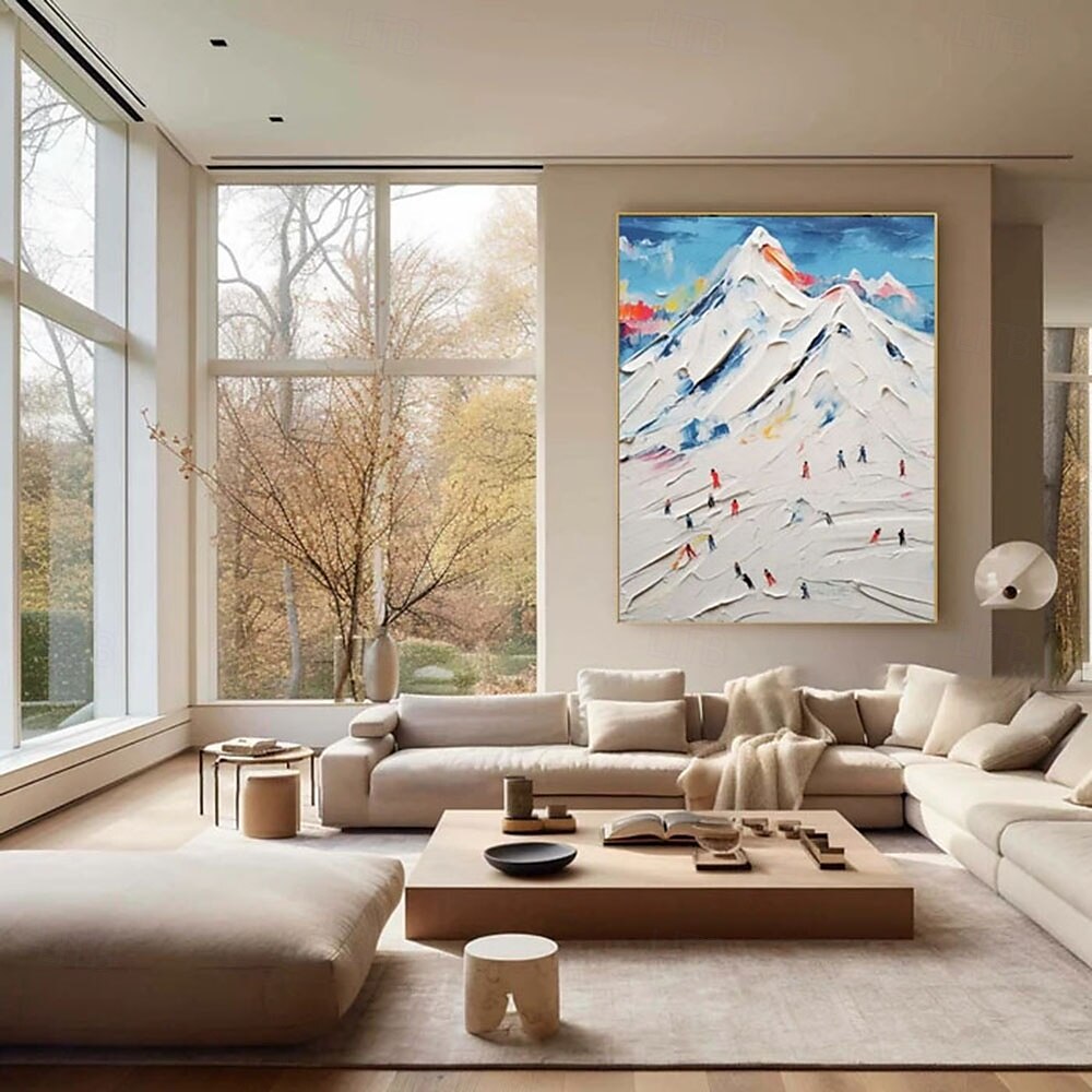 Peinture à l'huile texturée 3D faite à la main représentant un ski de montagne avec cadre de galerie - coups de pinceau impasto audacieux dans des teintes hivernales vibrantes skieurs dynamiques sur de 2025 ? $233.79 –P2