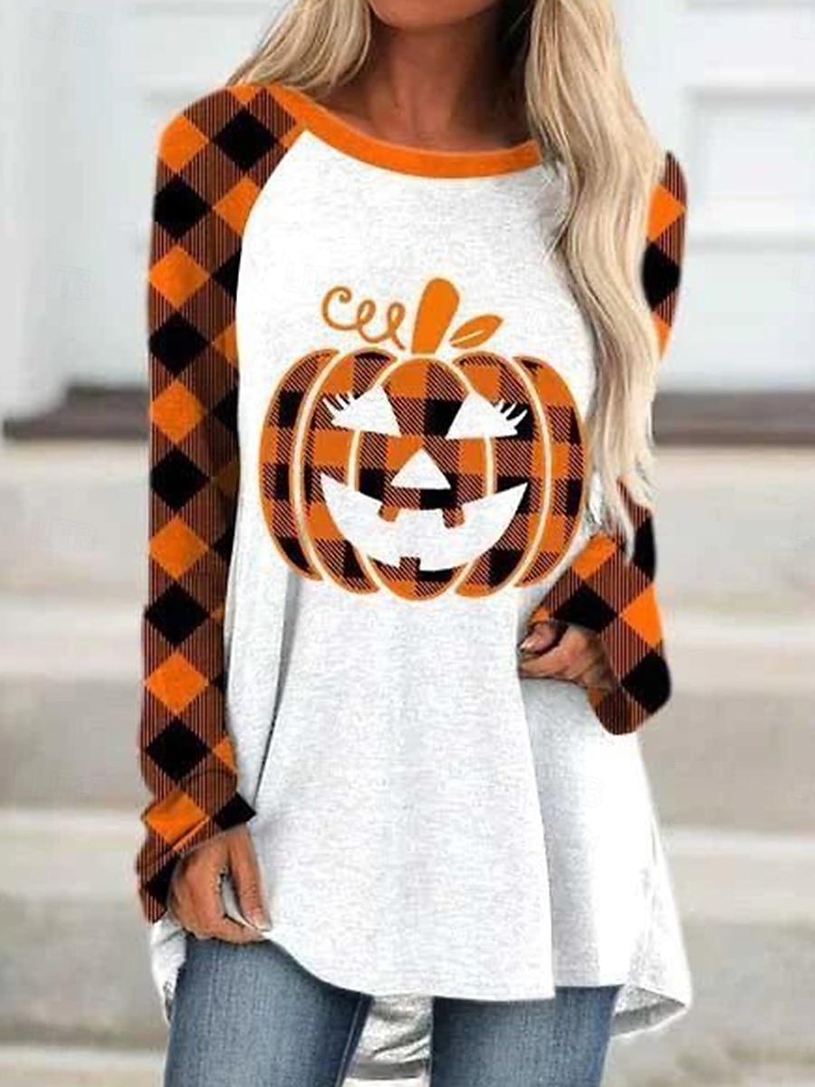 Halloween Dame T skjorte Grafisk Halloween Årgang Stilfull Fritid Langermet Crew-hals Lange topper Daglig Trykt mønster Svart Hvit Gul Oransje Vår Høst 2025 - $24.99 –P2