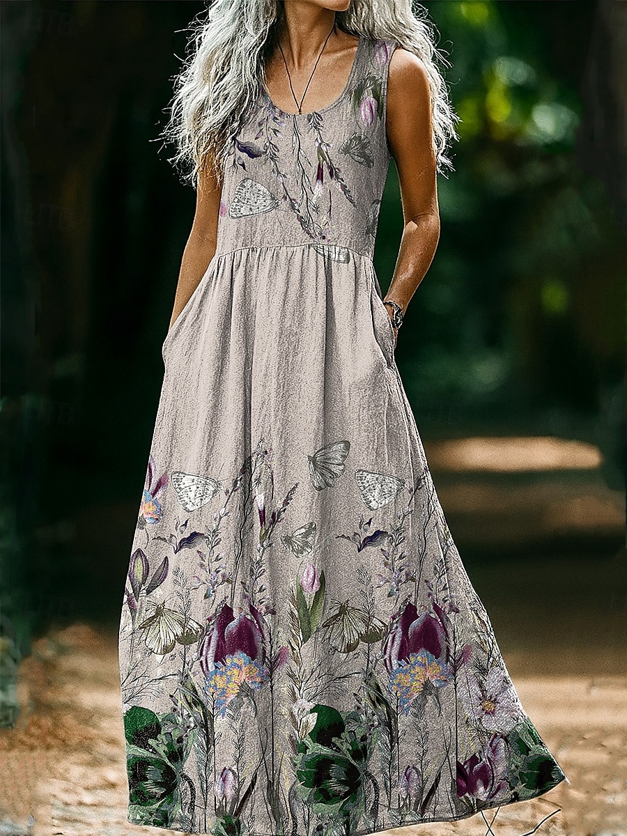 Abito vintage da donna in stile boho con stampa floreale, casual, per uscire in spiaggia, vestibilità regolare, senza maniche, scollo a U, rosa vinaccia, marrone chiaro, blu, estate e primavera. del 2025 a $35.99 –P7