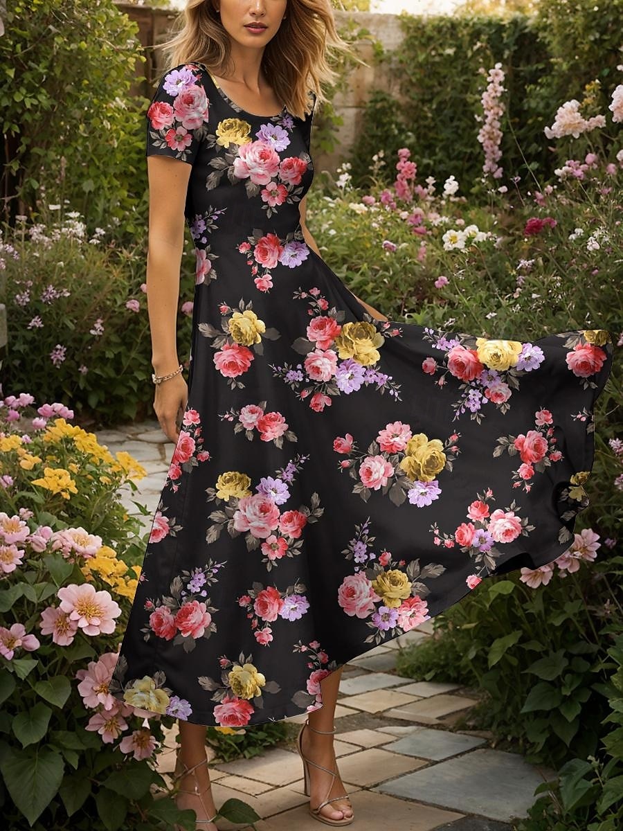 Damen Maxikleid Strickkleid Freizeitkleid A Linie Kleid Sommerkleid Elegant Urlaub Lässig Normale Passform Blumen Grafik Kurzarm Quadrathals Rundausschnitt Schwarz Gelb Rote Blau Sommer Frühling 2025 - $31.99 –P4