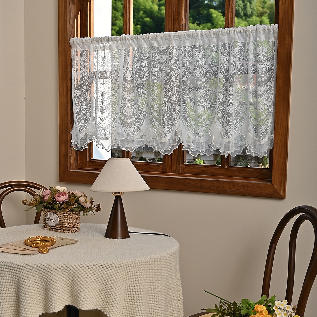 Lace Ruffled Kitchen Short Curtain Valance Vintage Floral Embroidered Short Sheer Cafe Curtain for Kitchen Window Rod Pocket Scalloped Bottom Beaded Sheer Valance1 Panel 2026 - $10.99 –P11
