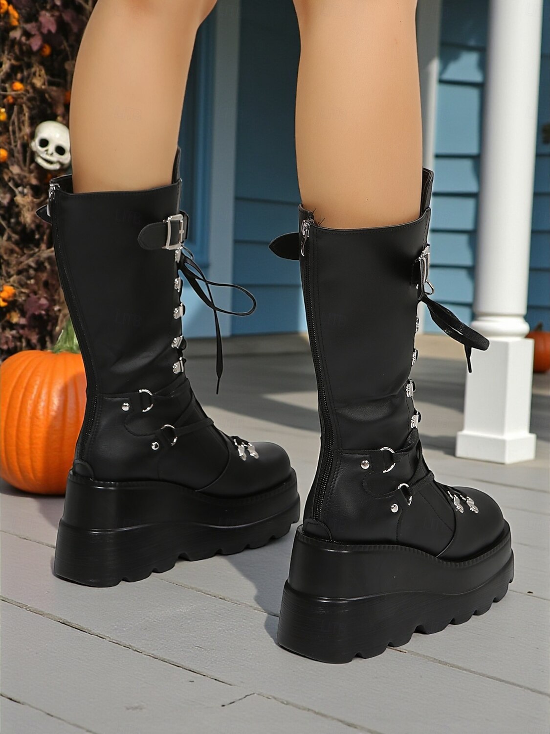 Femmes Bottes Bottes à plateforme Soirée Bottes Mi-Mollet Rivet Boucle Broderie Plateau Bout Rond Punk Gothique Marche PU Fermeture éclair Noir de 2025 ? $54.99 –P3