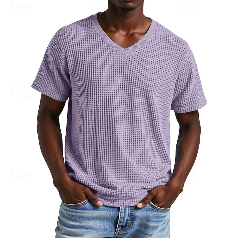 Herren Waffel-T-Shirt T Shirt T-Shirt Kurzarmshirt Kurzarm V Ausschnitt Sommer Einfach Mode Designer Basic Jacquard Urlaub Straße Ausgehen Aprikose Schwarz Purpur Top T-Shirt für Herren 2025 - $18.49 –P4