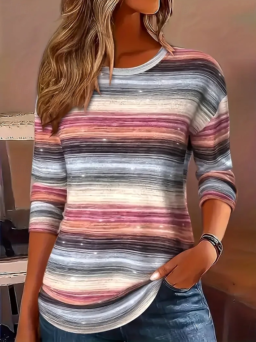 Kvinnors T-shirt Crew Neck Långärmad Tunika Grafisk Geometrisk Randig Vintage Stilren Rundhalsad Regula Tops Daglig Tryck Dammig Ros Höst 2026 - $24.99 –P1