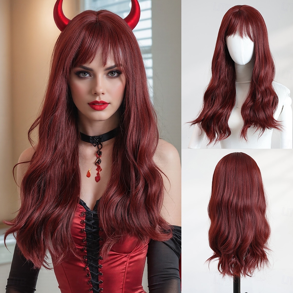 Peluca ondulada color burdeos de 20 pulgadas para mujer: flequillo completo, cabello largo, ideal para Halloween, cosplay y estilos de moda actuales. 2025 - $32.99 –P1