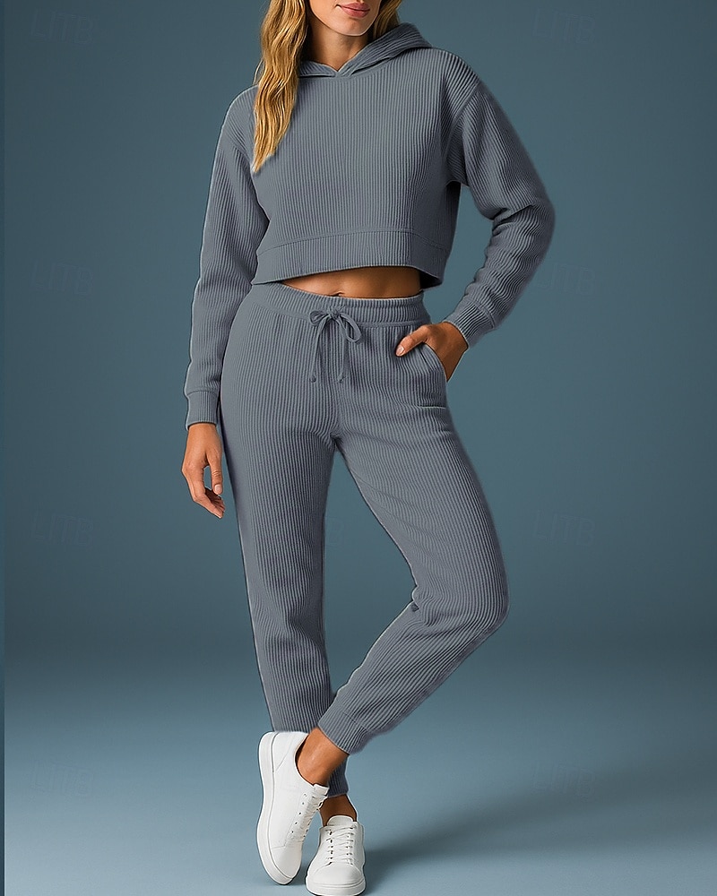 Femmes Ensemble Survetement Jogging Pantalon Sweat-shirt à enfiler Cordon de serrage À capuche Couleur Unie Ensemble Vêtements Printemps Gris foncé Noir Salle de sport Extérieur Course Taille haute de 2025 ? $39.99 –P7