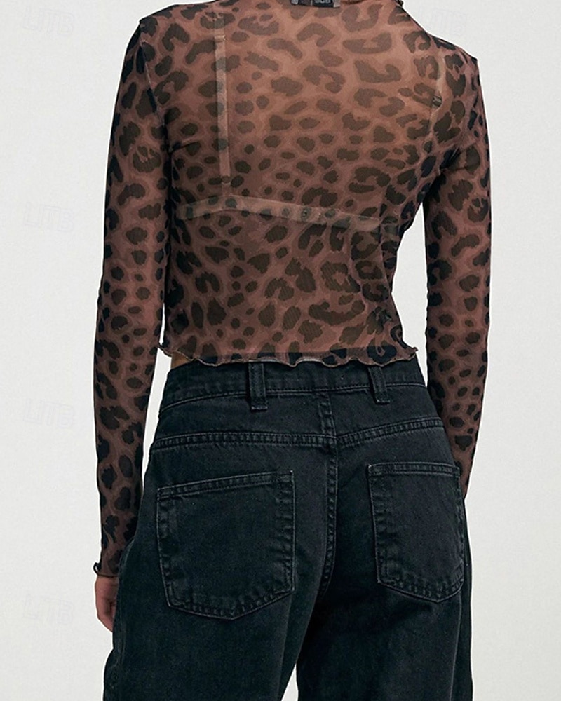 Dames T-shirt Luipaard Modieus Modern Lange mouw Strakke ronde hals Normale tops Dagelijks Netstof Kastanjebruin Licht Bruin Bruin Zomer 2025 - $16.99 –P3