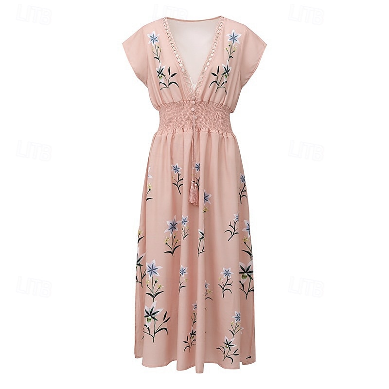 rochie midi pentru femei boem cu decolteu în V broderie florală talie elastică șnur cu mânecă scurtă vacanță la plajă roz confortabil potrivire regulată îmbrăcăminte ocazională de vară 2025 - $31.99 –P1