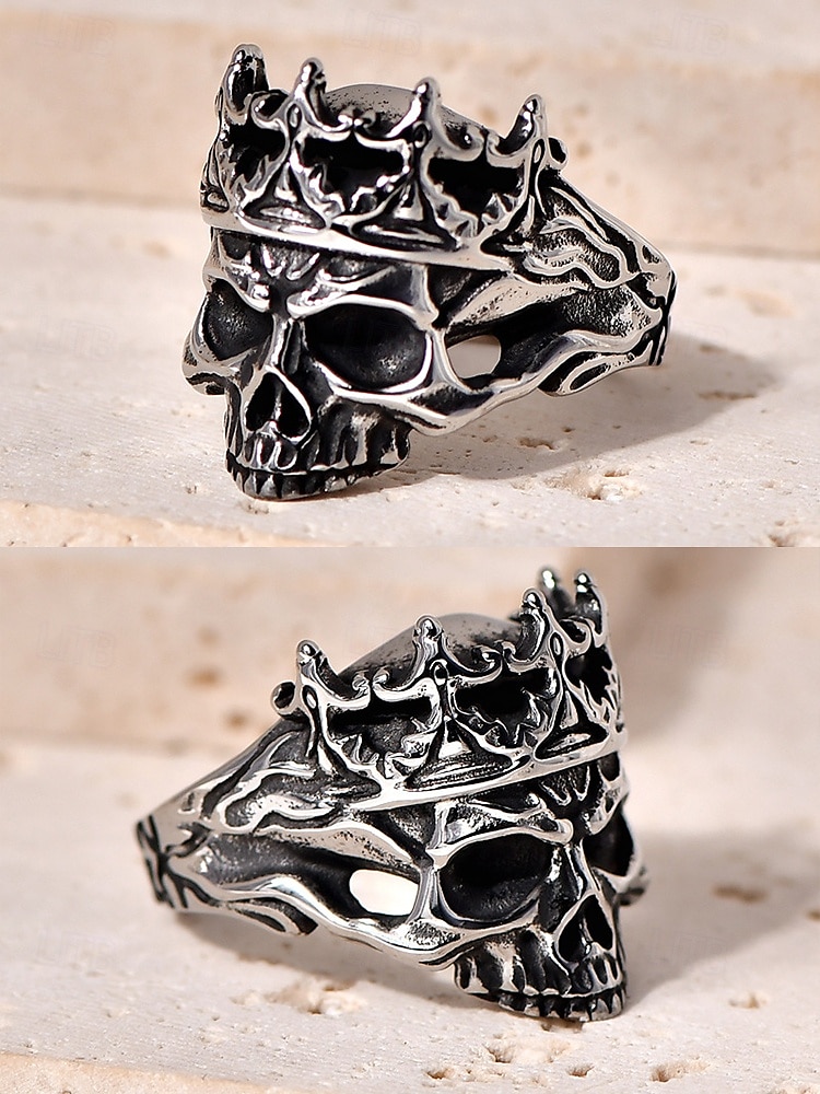 Herrenring aus Edelstahl mit Totenkopf und Krone – Gothic-Punk-Stil, robustes Heavy-Metal-Design, ideal für Halloween-Partys, Cosplay und Rockkonzerte 2025 - $11.99 –P7