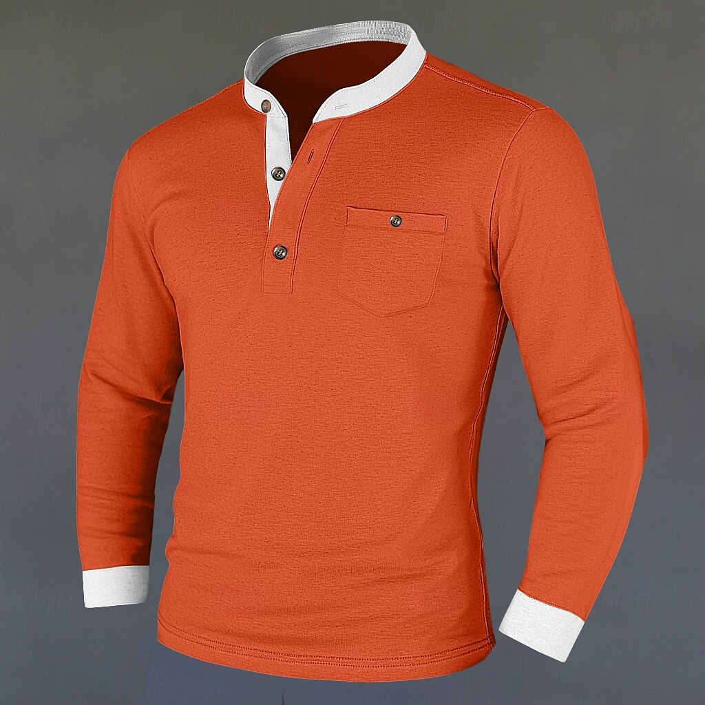 Herren Henley Hemd T-Shirt T-Shirt aus Baumwollmischung Langarm Farbblock Einheitliche Farbe Mode Designer Basic Patchwork Stehkragen Henley Urlaub Straße Lässig Frühling & Herbst Schwarz Marineblau 2025 - $21.99 –P3