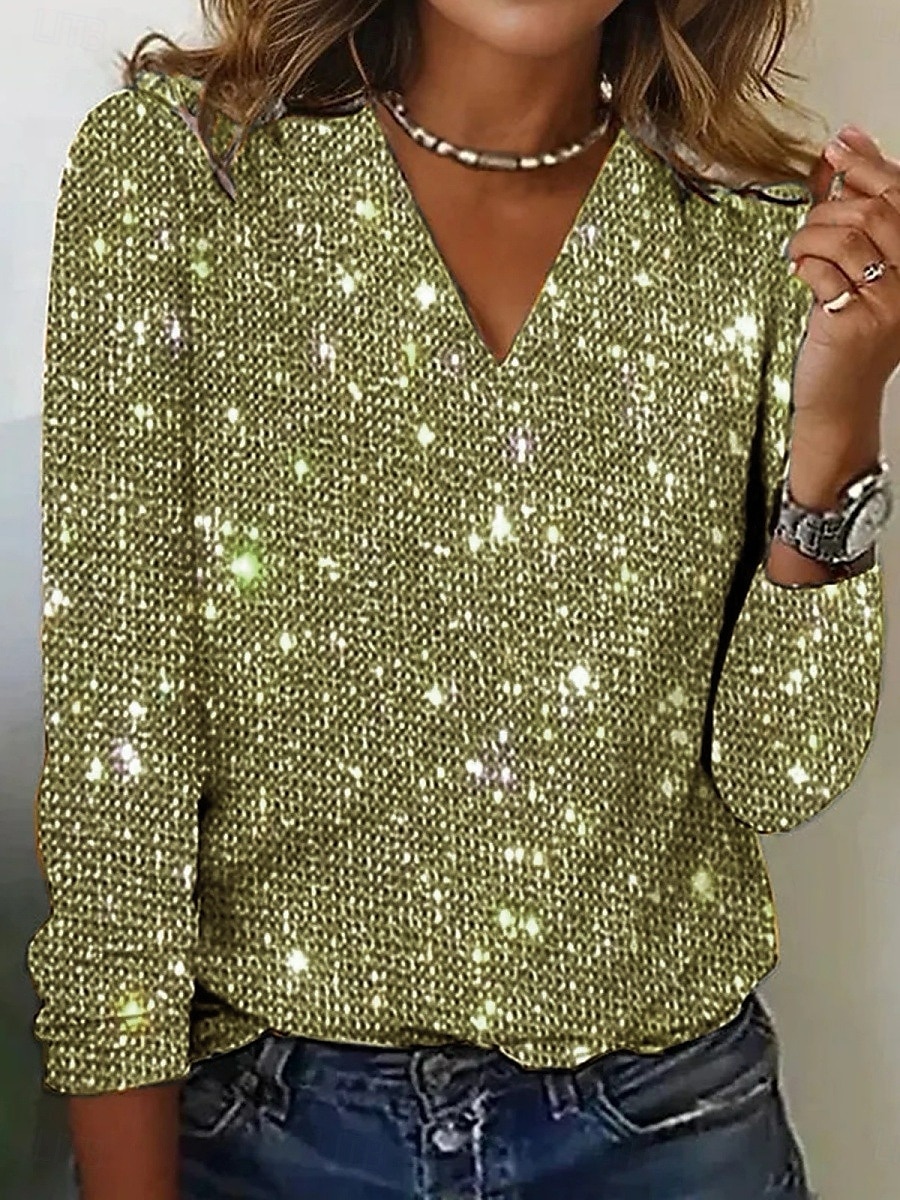 Women's Shirt Blouse Plain Basic Modern Long Sleeve V Neck Regular Tops Daily Holiday Sequins Silver Black Yellow Pink Red Summer 2025 - $21.99 –P4