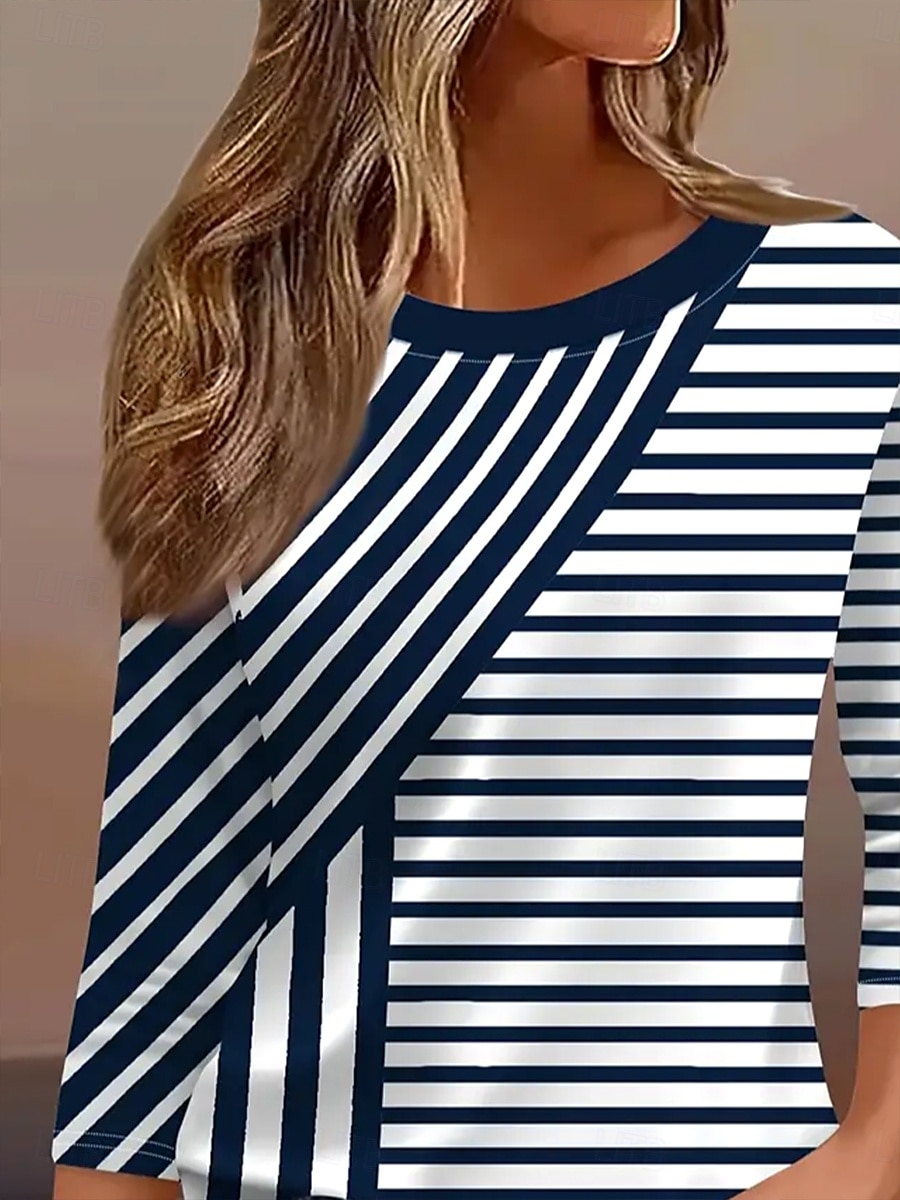 Pâques Femmes T-shirt Graphique Géométrique Rayé ancien Mode Élégant manche longue Col ras du cou Col rond Hauts Réguliers Quotidien Imprimé bleu marine Été Printemps Automne de 2025 ? $22.99 –P2