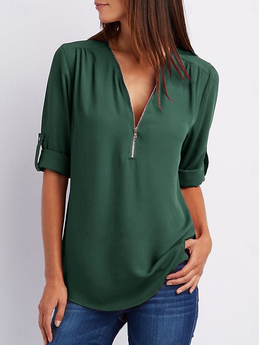 Femmes Chemisier Uni Quotidien Demi Manches Col en V Hauts Réguliers Quotidien Fermeture éclair Noir Rose Claire Marron Vert Été Printemps Automne de 2025 ? $21.99 –P1