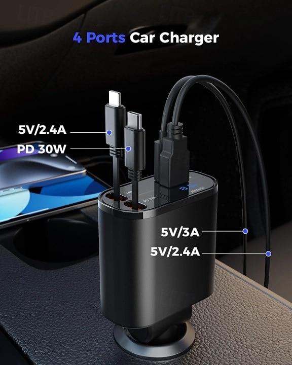 încărcător auto retractabil 4 în 1 adaptor încărcător auto rapid pentru telefon cu tip C &cabluri Apple compatibile cu iPhone 16/15/14/13/12/11, Galaxy, Pixel 2025 - $25.99 –P2