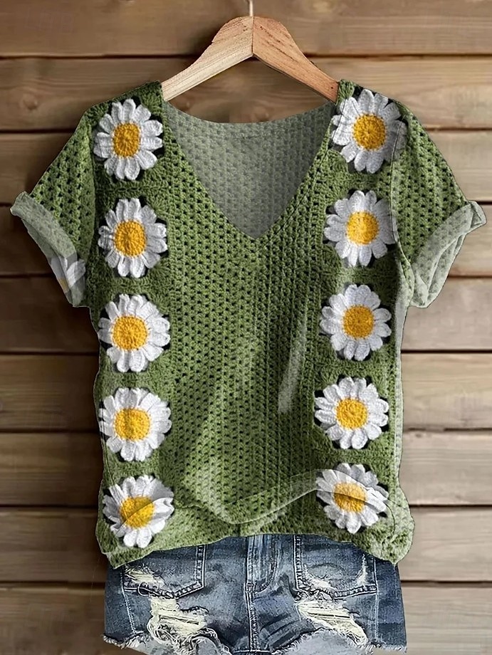 Dame T skjorte Blomstret Grafisk Paisly Bohem Årgang Stilfull Kortermet V-hals Vanlige topper Daglig Ut på byen Helg Trykt mønster Rød Lysebrun Grønn matt-hvit Sommer Vår 2025 - $19.99 –P3