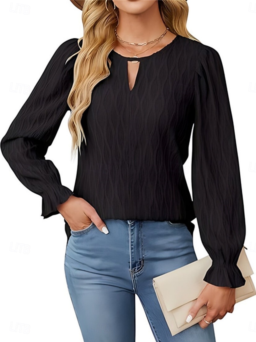 Damen Bluse Einfarbig Elegant Stilvoll Basic Langarm Rundhalsausschnitt Normale Oberteile Täglich Schwarz Weiß Blau Khaki Sommer Frühling 2025 - $23.99 –P1