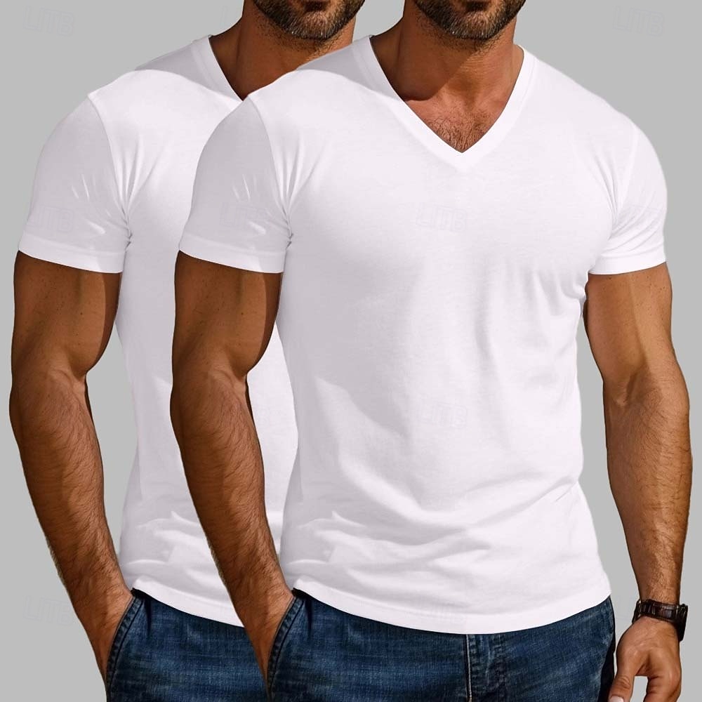 Maglietta da uomo in misto cotone, 2 pezzi, manica corta, scollo a V, estiva, per tutte le stagioni, tinta unita, semplice, stile designer, moderno, contemporaneo, scollo a V, confezione multipla, per vacanze, strada, casual, blu scuro, bianco e blu. del 2026 a $20.99 –P7