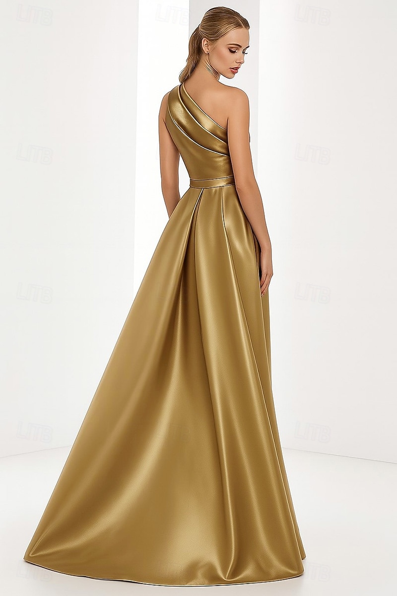 Mermaid Trumpet Floor Length Evening Gown Elegant Glittering Celebrity Style Sleeveless One Shoulder Garden Party Wedding Satin with Pleats Ruched Overskirt 2026 - $172.99 –P6