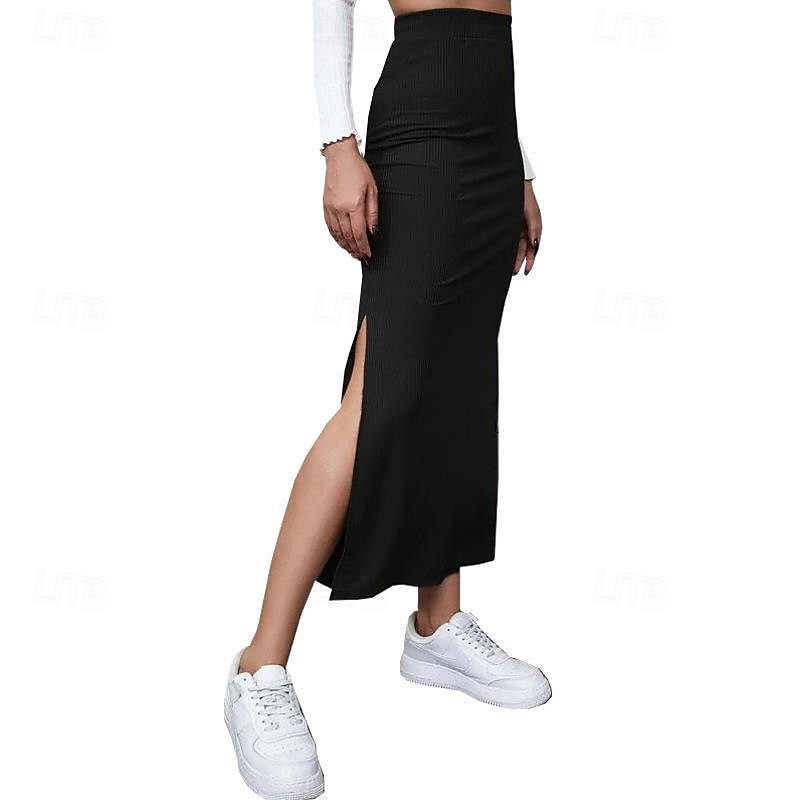 Dames Rok Casual Maxi Medium taille Rokken Effen Gespleten punten Micro-elastisch Vakantie Straat Zwart Rood Licht Bruin Bruin Zomer Polyester 2025 - $17.99 –P8