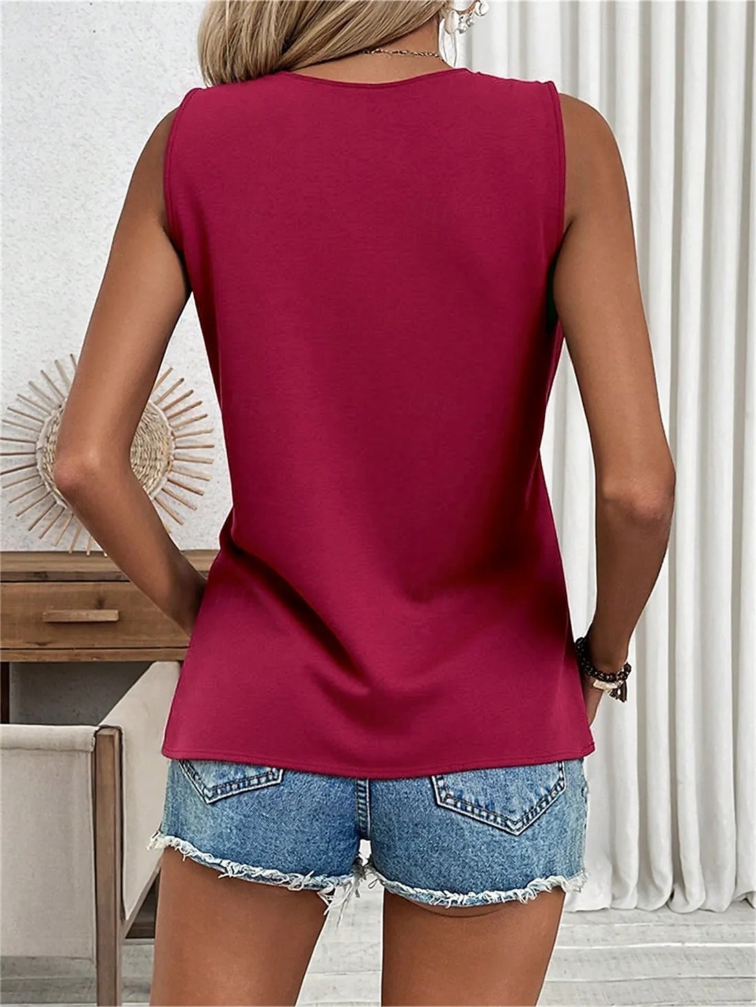 Femmes Hauts d'été Chemisier Uni Élégant Occasionnel Sans manches Col en V Hauts Réguliers Quotidien Fête Patchwork Garniture en dentelle Noir Blanche Vin Vert Été de 2025 ? $16.49 –P9
