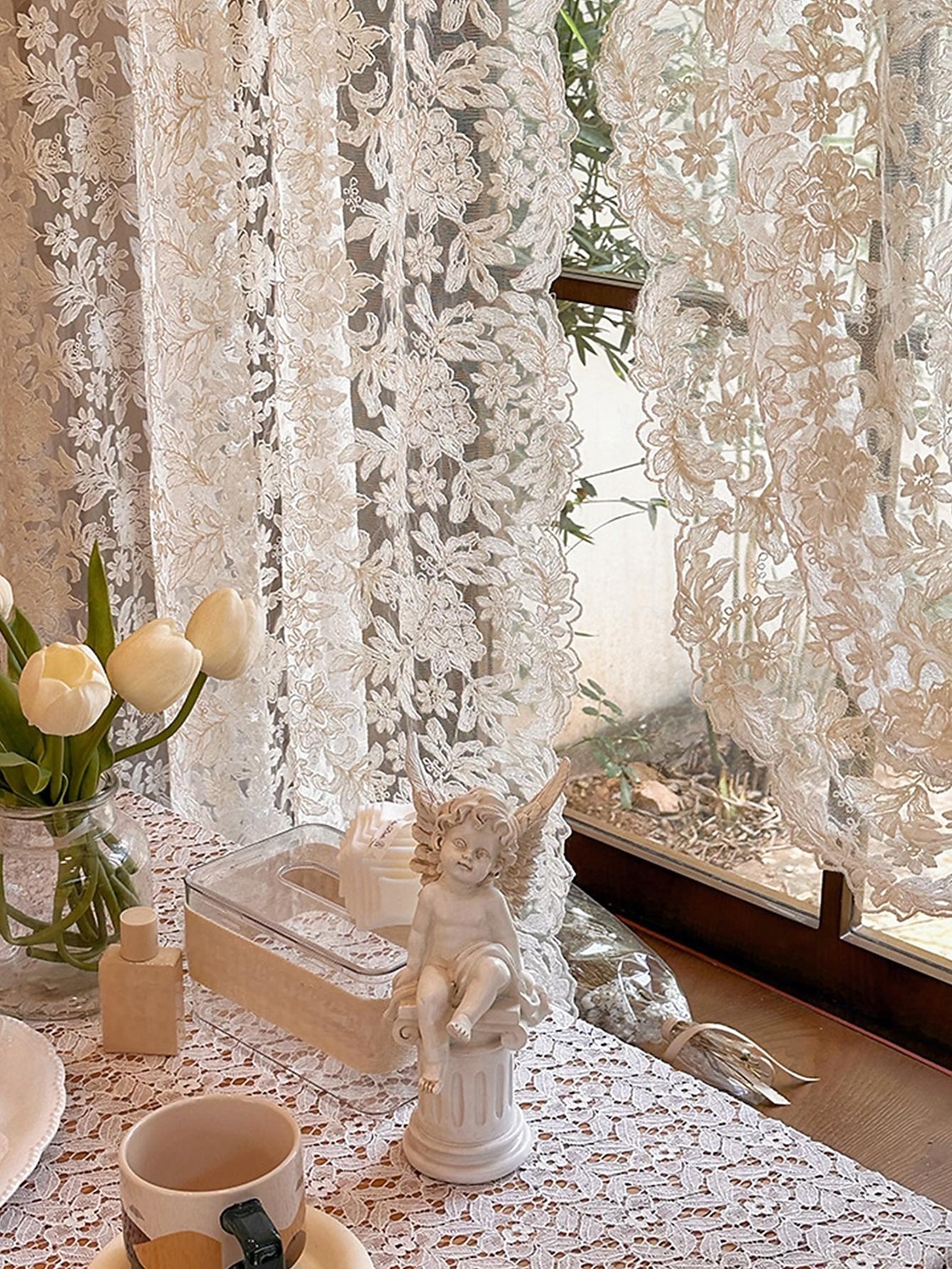 1 st vintage jacquard transparent gardin kort gardin med stångficka polyesternät spets broderad heminredning vardagsrum sovrum kök 2025 - $19.99 –P7