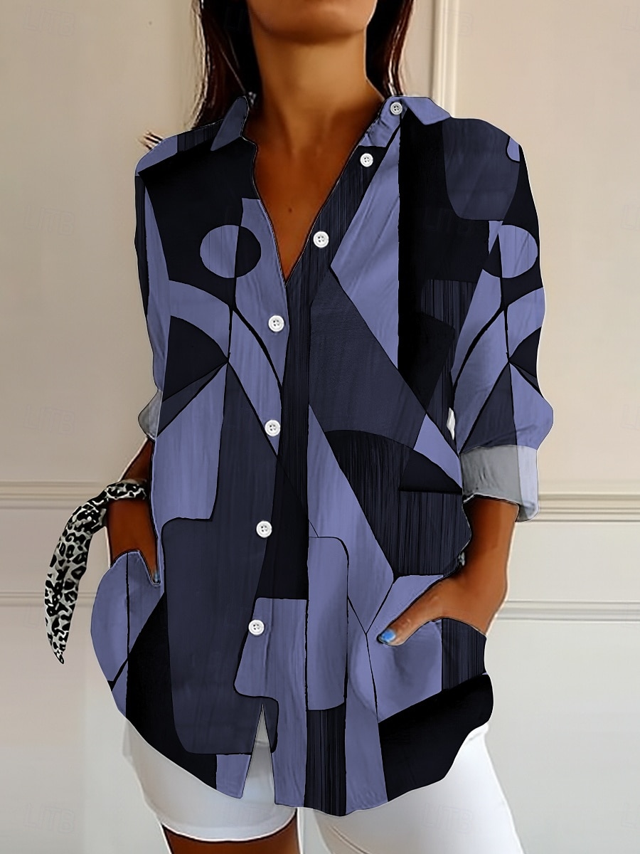 Damen Hemd Knopfverschluss Tunika Hemd Kragen Langarm Grafik Geometrisch Abstrakt Vintage Alltag Stilvoll Regular Tops Arbeit Alltag Feiertag s Print Schwarz und Weiß Pink Blau Lila Grün Frühling 2025 - $33.99 –P7