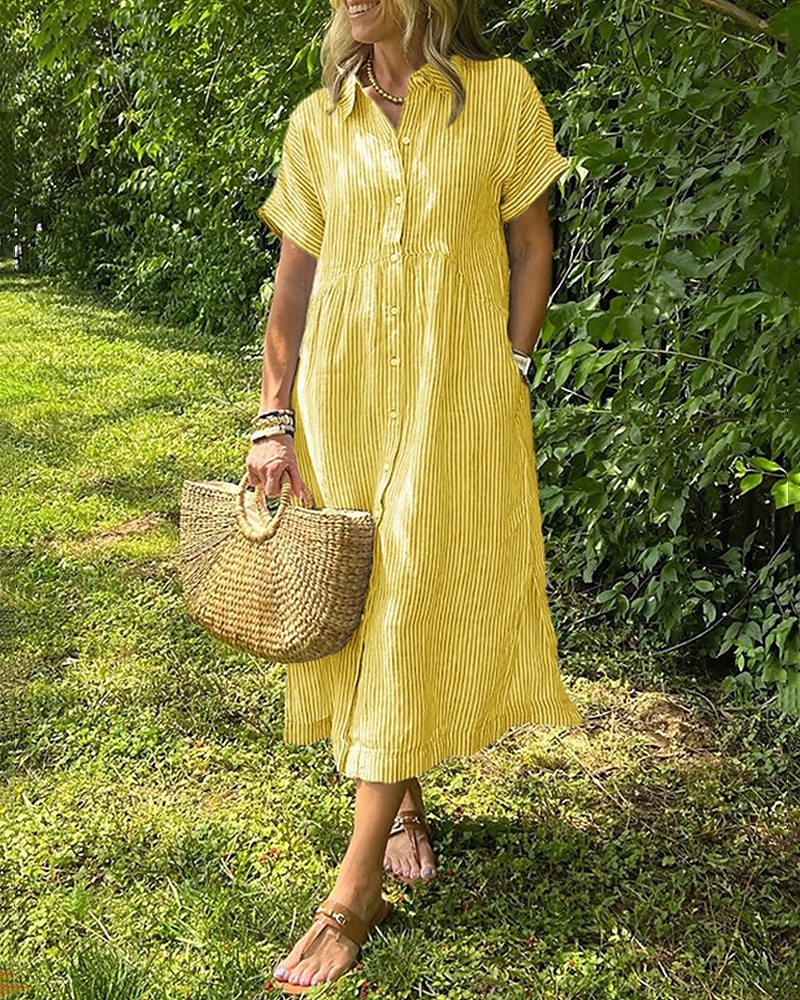 Femmes Robe Longue Maxi Robe Robe Chemise Robe Décontractée Mode Extérieur Soirée Fête Coupe régulière Rayé Manche Courte Col de chemise Noir Blanche Jaune Rose Claire Été de 2025 ? $38.99 –P9