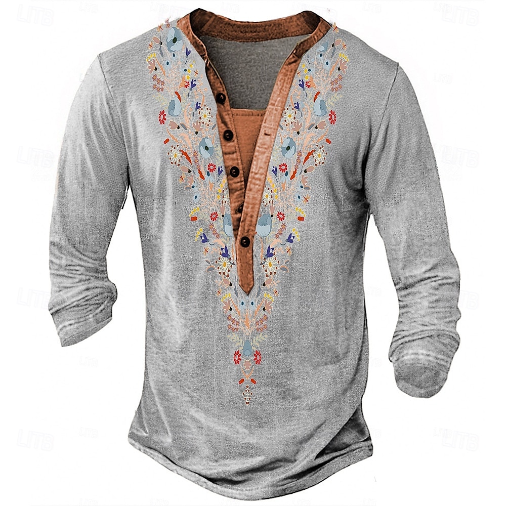 Men's Print T Shirt Henley Shirt Long Sleeve Designer Retro Vintage Bohemian Street Casual Daily Summer Spring Fall Blue Green Khaki Grey Henley Henley T-Shirt 2025 - $20.99 –P2