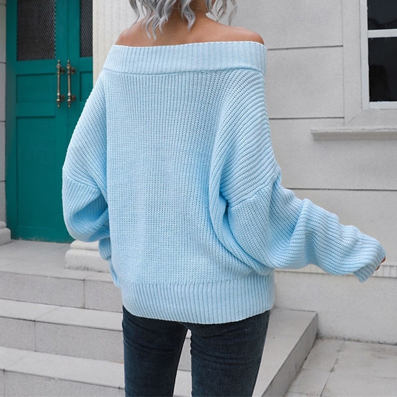 Damen Pullover Lässig Einfarbig Grobstrick Schulterfrei Gestrickt Langarm Normale Oberteile Stricken Täglich Ferien Ausgehen Schwarz Blau Herbst Winter 2025 - SGD S$35.94 –P4