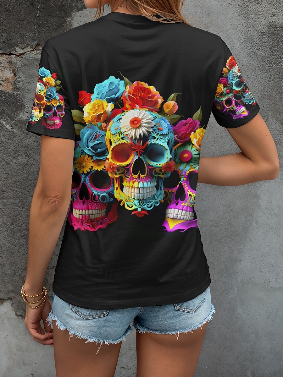 Halloween Femmes T-shirt Fleuri Graphique Crâne ancien Élégant Classique Manche Courte Col en V Hauts Réguliers Quotidien Imprimé Noir Orange Gris Été Printemps de 2025 ? $19.99 –P2