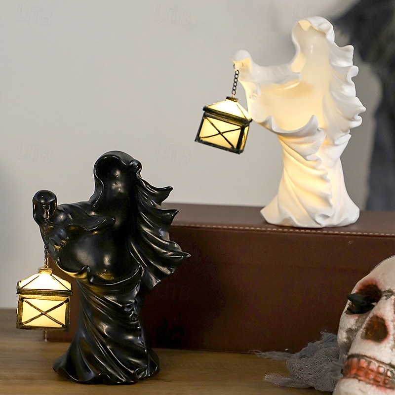 Halloween Ghost Ornament LED Lighted Resin Hellkeeper Black and White Ghost Lantern Decoration for Halloween Party Outdoor Garden Yard Sculpture Spooky Festival Decor 2025 - $19.99 –P1