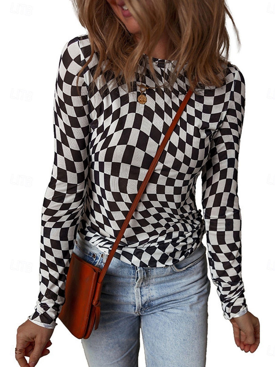 Damen Bluse Karomuster Stilvoll Lässig Langarm Rundhalsausschnitt Normale Oberteile Täglich Druck Schwarz Rosa Aprikose Sommer Frühling Herbst 2025 - $15.99 –P7