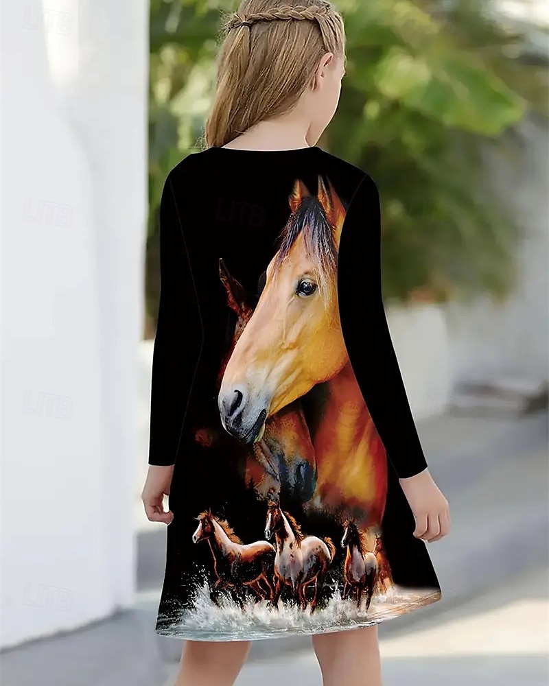 FILLE 3D Cheval Robe manche longue Été Printemps Vacances Quotidien Fête Princesse Beau Doux Enfants 4-12 ans Robe Décontractée Robe trapèze Mi-long Coupe régulière de 2025 ? $16.99 –P2