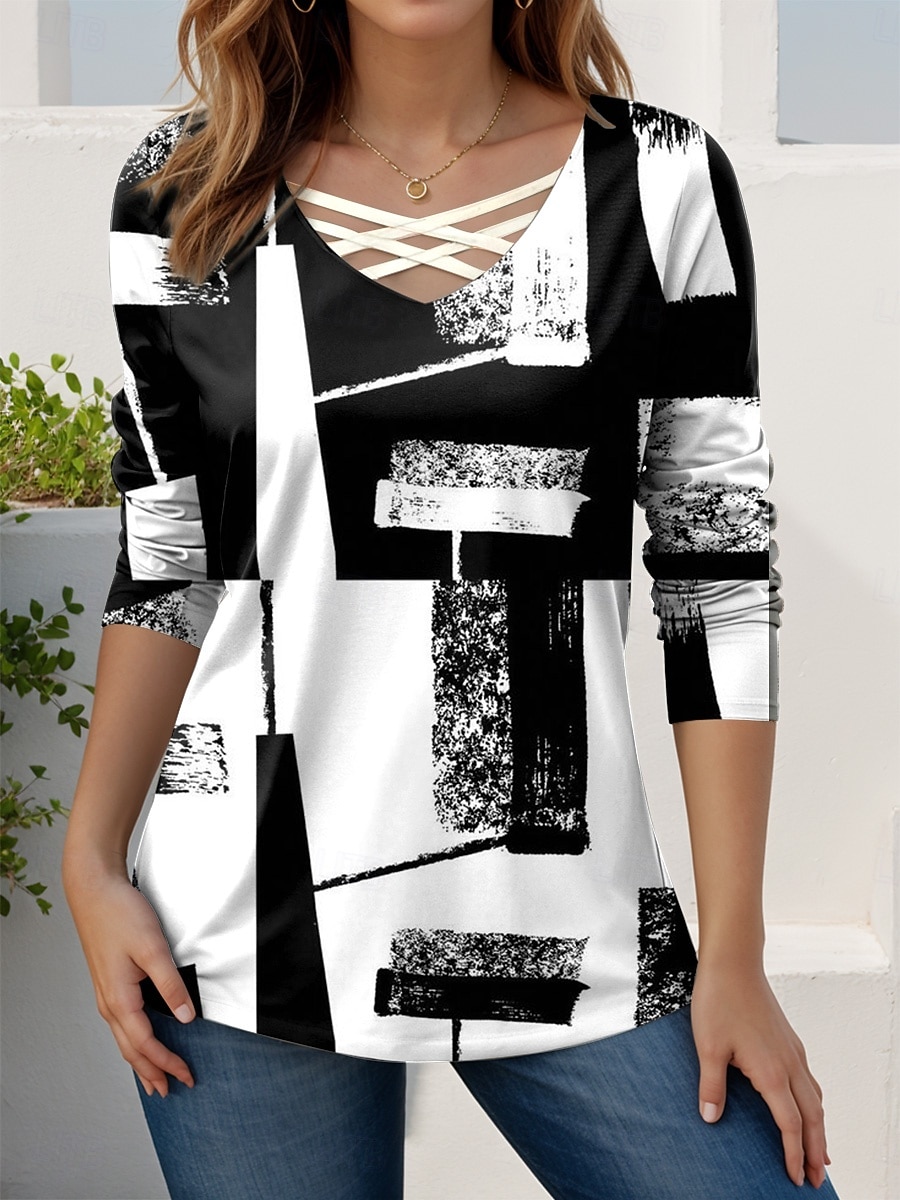 Γυναικεία Μπλουζάκι Με κοψίματα Στάμπα Γραφική Γεωμετρικό Βίντατζ Στυλάτο Μοντέρνα Μακρυμάνικο Λαιμόκοψη V Κανονικά μπλουζάκια Καθημερινά Λευκό Ανθισμένο Ροζ Dusty Rose Καφέ Χακί Άνοιξη Φθινόπωρο 2026 - $24.99 –P1
