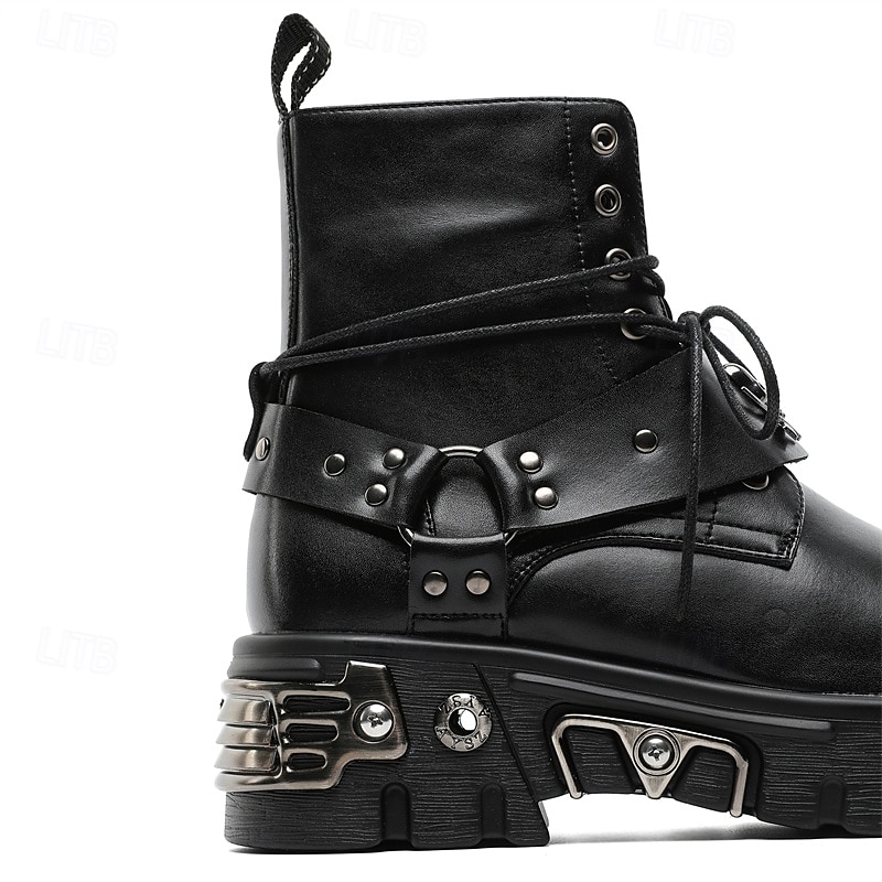 Ghete bărbătești negre cu șireturi și nituri gotice – ghete cu platformă punk rock pentru Halloween, concerte și ținute de stradă 2026 - $99.99 –P6