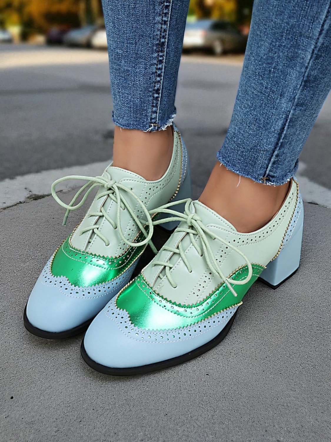 Zweifarbige Oxford-Schuhe mit Blockabsatz für Damen – Retro-Schnürschuhe in Mintgrün und Metallic für den Streetstyle im 50er-Jahre-Stil, Alltagsoutfits und legere Anlässe 2025 - $46.99 –P14