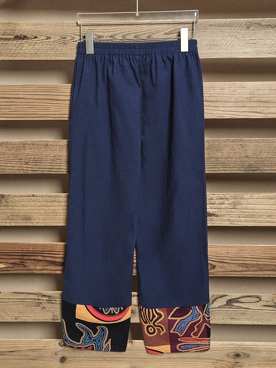 Women's Slacks Pants Trousers Vacation Vintage Ethnic Style Full Length High Waist Floral Graphic Geometic Elastic Waistband Comfy Breathability Soft Inelastic Outdoor Street Daily Black Navy Blue 2025 - $20.99 –P4