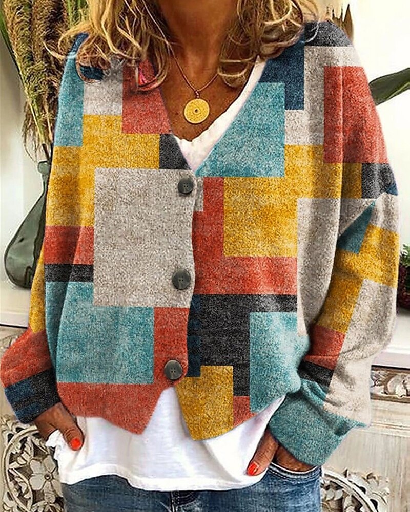Damen Pullover Strickjacke Mode Streetwear Täglich Karomuster Farbblock Gerippt V Ausschnitt Gestrickt Druck Langarm Normale Oberteile Stricken Ferien Ausgehen Wochenende Gelb Herbst Winter 2025 - $22.99 –P1