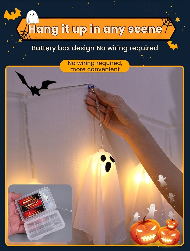 1 Pc Halloween 2.5M 10 luminous hanging ghost ghost light string AAA waterproof battery box 8 function remote control indoor and outdoor courtyard party Halloween atmosphere decoration light 2025 - $20.99 –P12