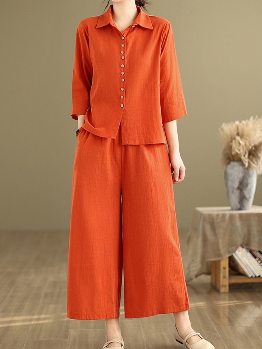Dame Elegant Mote Gatemote Linsett i bomull 3/4 ermer Skjortekrage Helfarge utendørs Arbeid Avslappet Oransje Brun Kakifarget Sommer Normal 2025 - $40.99 –P1