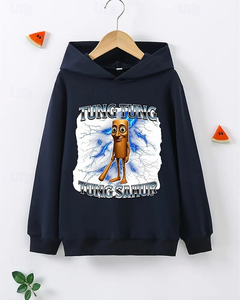 Pojkars avslappnad långärmad huvtröja med tung tung tung sahur-tryck vår höst mode streetwear barn 4-12 år huva utomhus daglig normal passform 2025 - $18.99 –P5