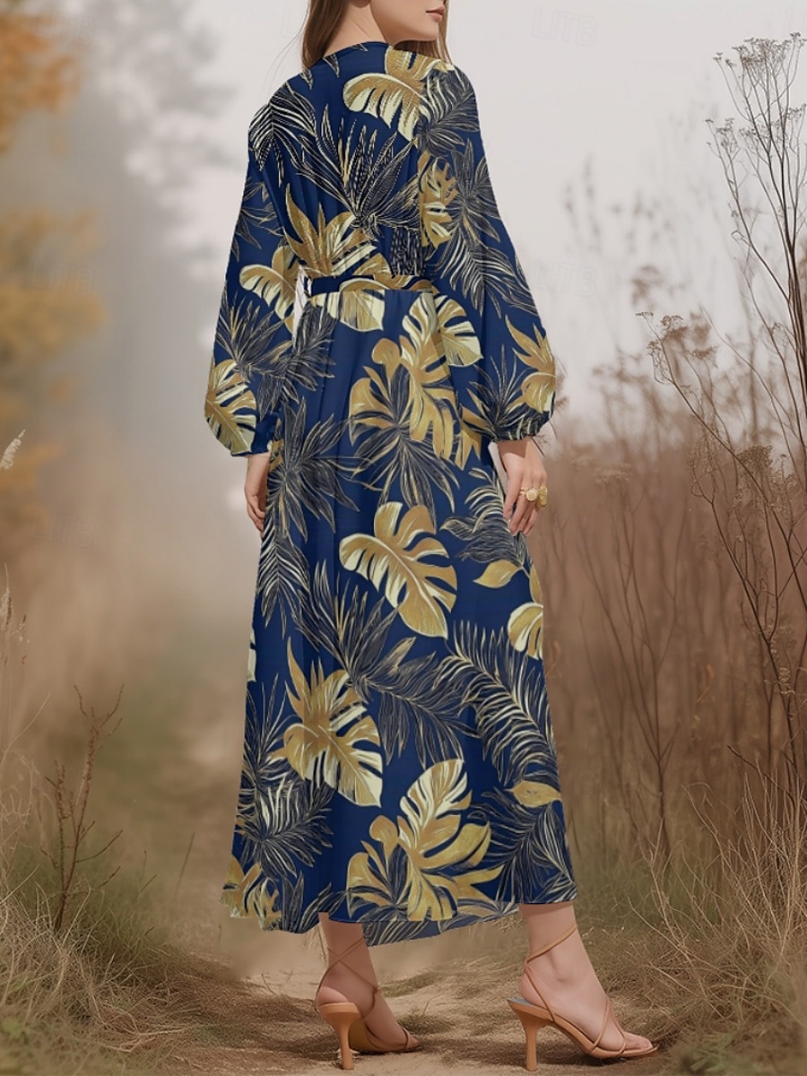Damen Midikleid Freizeitkleid Chiffon Schwingkleid Modern Urlaub Täglich Wochenende Normale Passform Blatt Tropisch Langarm V Ausschnitt Marineblau Blau Dunkelblau Blau Schwarz Sommer Frühling Herbst 2025 - $31.99 –P6