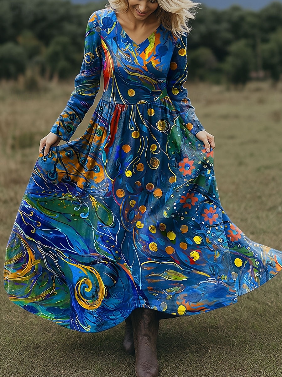 Per donna Abito maxi Abito a trapezio Vacanza Casual Boho Spiaggia Vestibilità regolare Floreale Grafico Paisley Manica Lunga Scollo a V Rosa Rosso Blu Verde Primavera Autunno del 2025 a $49.99 –P1