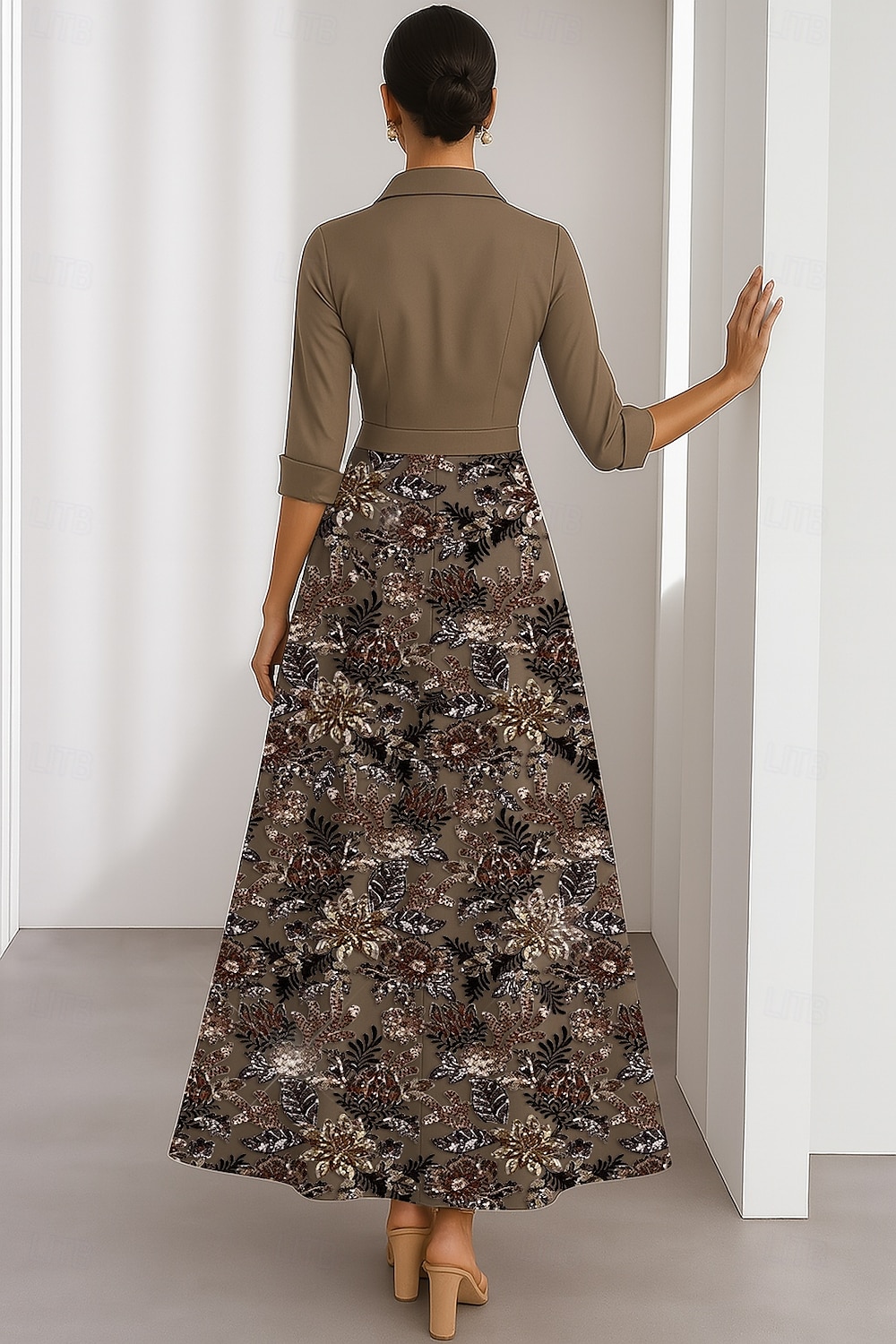 Vestidos de coquetel em linha A, vestido elegante, formal, casamento, comprimento chá, manga 3/4, gola estilo camisa, cetim com miçangas florais, renda 2025 de 2025 por $159.99 –P3