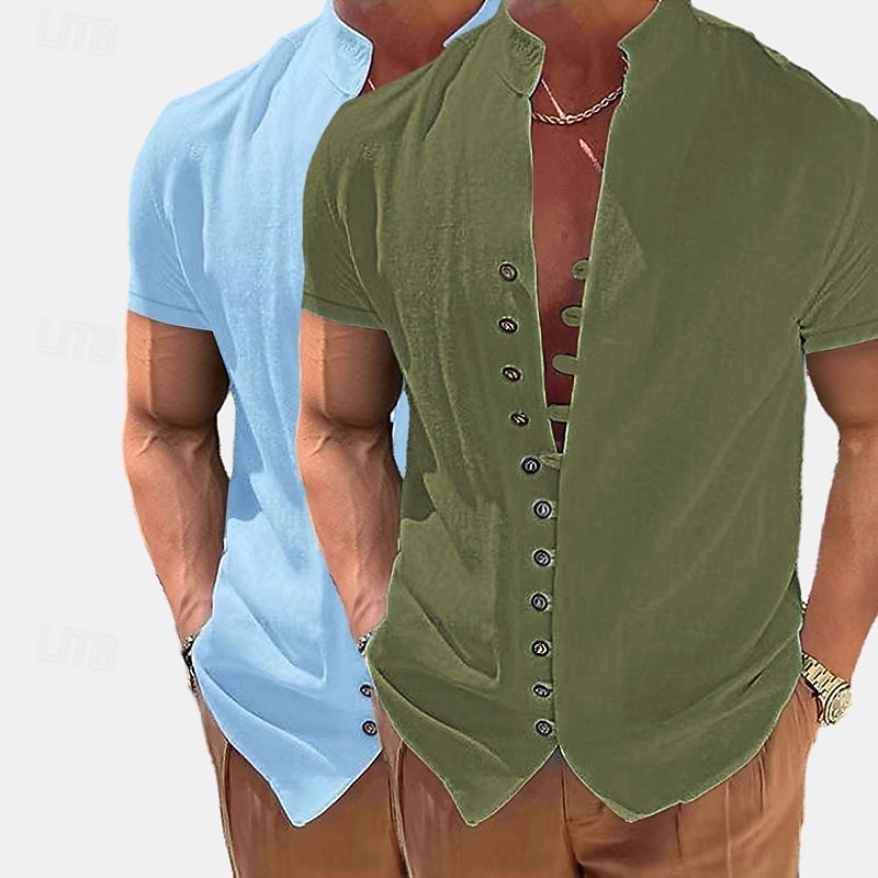 Homme Chemise en lin Chemise d'été Tenue de plage Chemise Boutonnée Uni Vacances Croisière Blanc + kaki Kaki + Noir Vert + Kaki Noir + blanc Manche Courte Col montant Été Printemps & Été Vêtement de 2026 ? $29.99 –P14