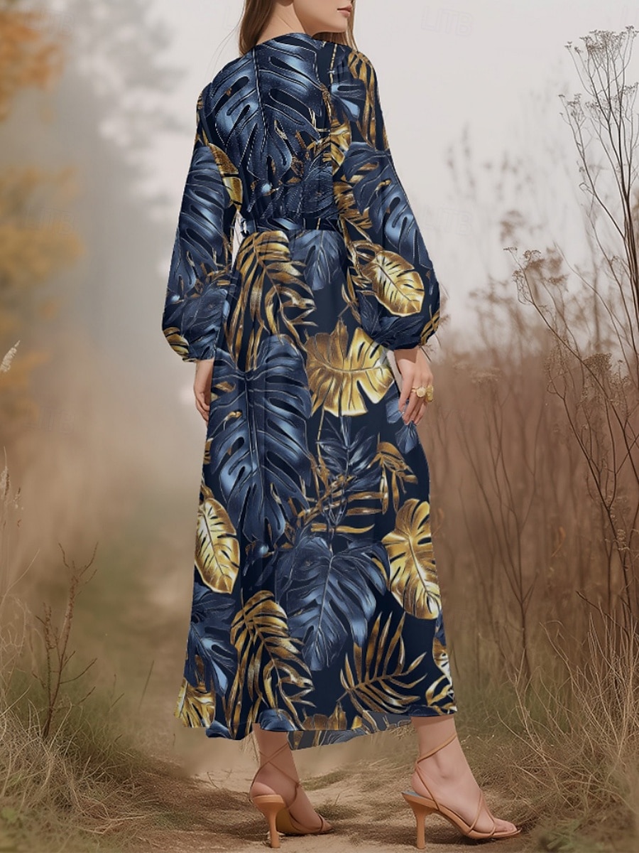 Damen Midikleid Freizeitkleid Chiffon Schwingkleid Modern Urlaub Täglich Wochenende Normale Passform Blatt Tropisch Langarm V Ausschnitt Marineblau Blau Dunkelblau Blau Schwarz Sommer Frühling Herbst 2025 - $31.99 –P2