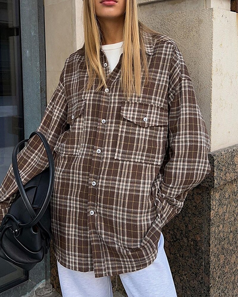 Femmes Chemise Plaid Quotidien Élégant Basique manche longue Col de chemise Hauts Réguliers Travail Quotidien Fête Boutons Vert Véronèse bleu marine Marron Printemps Automne de 2025 ? $31.99 –P1